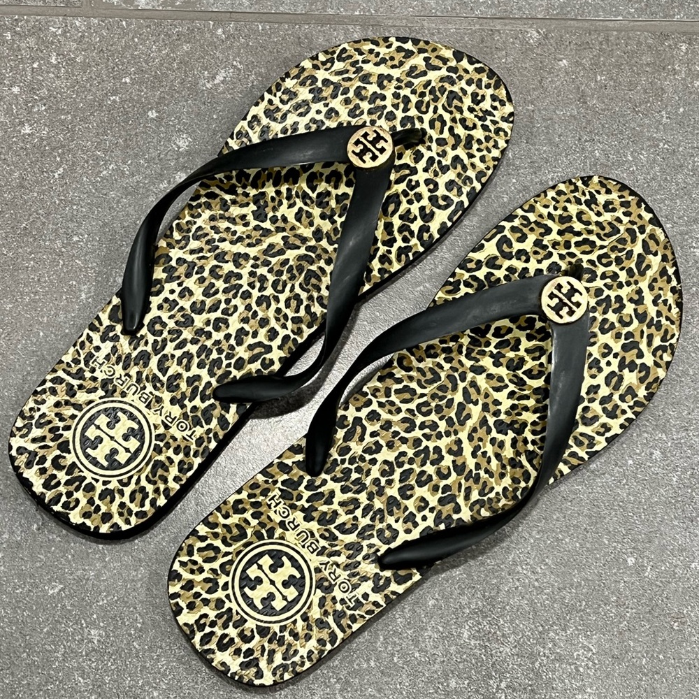 Tory Burch leopard flip flops